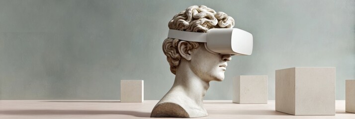 Poster - Classical Sculpture Bust Wearing Virtual Reality Headset, Merging Ancient Art with Modern Technology for Digital Innovation and Cultural Marketing