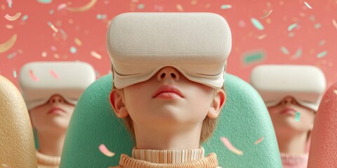 Aufkleber - Futuristic VR cinema experience with children wearing virtual reality headsets in modern theater, immersive youth entertainment and educational technology concept