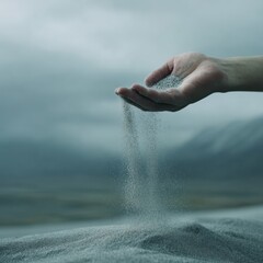 Poster - Silica Sand Falling from Hand Over Natural Landscape Symbolizing Fleeting Time and Productivity in Modern Lifestyle and Business Contexts