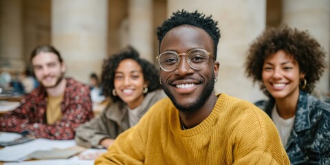 Poster - Diverse group of university students collaborating in a modern academic setting, engaging in scholarship research and IT course projects with teamwork and focus