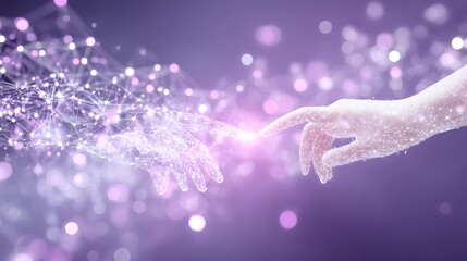 Poster - Two hands reaching towards each other, one composed of glowing particles against a purple bokeh background.