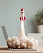 © Ryzhkov - Digital Rocket Launch Emerging from Laptop with Smoke Cloud and AI Effects Symbolizing Rapid Tech Growth and Innovation for Software Services