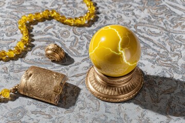 Poster - Mystical Horoscope and Tarot Setup with Ornate Gilded Sphere and Star Chart for Esoteric Branding and Metaphysical Advertising Trend