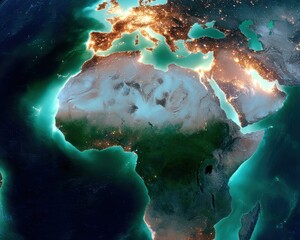 Poster - HD Satellite View of Africa, Europe, and Middle East at Night with City Lights Global Connectivity and Modern Aerospace Technology Visualization