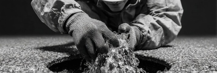 Poster - Urban Sanitation Worker Clearing Clogged Storm Drain with Protective Gloves for Flood Prevention and Public Safety After Rainfall
