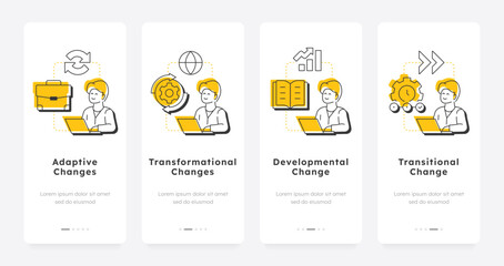 Poster - Types of organizational change mobile app onboarding screens. Corporate state maintenance. Business strategy. Flat UI UX design, yellow highlight with outline icons conceptual. Lexend font used