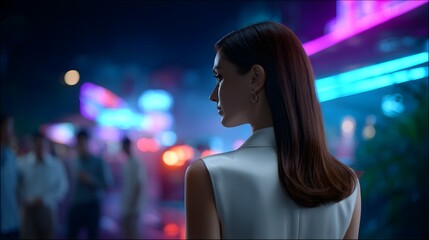 Poster - A cinematic close-up shot of a teenage girl walking through a neon-lit street market at night, soft rain falling, vibrant reflections on the ground, synthwave music playing faintly in the background