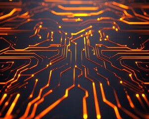 Leinwandbilder - Abstract circuit board illustration glows with vibrant orange pathways.