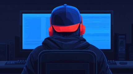 Poster - Hacker in hoodie coding at night with headphones in a dark computer room