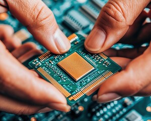 Aufkleber - Technician delicately handles a computer processor over circuit board surface.