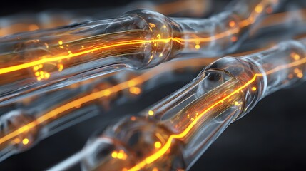 Fototapete - Glowing Fibers Transmitting Light in a Dark Environment