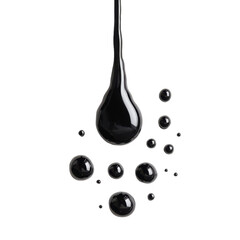 Poster - Glossy Black Liquid Drop on White Background with Small Drips