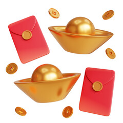 Wall Mural - Happy chinese new year 3d rendered decoration elements. Golden coins, lucky bag 3d illustration