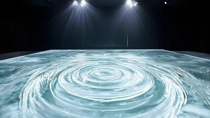 Poster - An artistic installation depicting swirling water patterns on a large flat surface, illuminated by overhead lights.