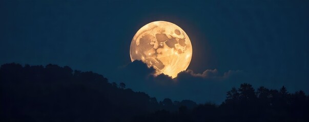 Wall Mural - A breathtaking full moon rises majestically over a dark, silhouetted landscape, casting a soft, ethereal glow Perfect for astronomy, nature, and lunar cycle themed projects , dark, astronomy
