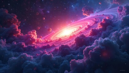 Wall Mural - A breathtaking panoramic view of a vibrant nebula, swirling gases, and distant galaxies Perfect for science fiction, astronomy, or space exploration projects , cosmic rays, orange