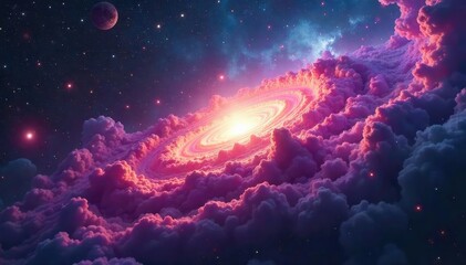 Wall Mural - A breathtaking panoramic view of a vibrant nebula, swirling gases, and distant galaxies Perfect for science fiction, astronomy, or space exploration projects , cosmic rays, stars, galaxy
