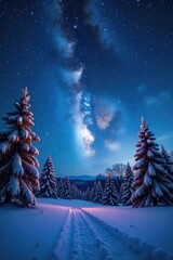 Wall Mural - A breathtaking winter night scene featuring a vibrant display of stars twinkling brilliantly above a snow-covered landscape Perfect for winter, nature, and astronomy themes , serene, blizzard