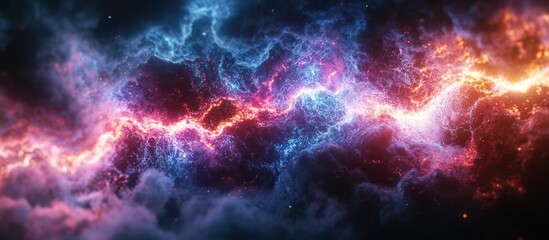 An abstract loop of an explosion in the dark cosmos illuminates a vibrant galaxy with swirling blue and purple nebulae