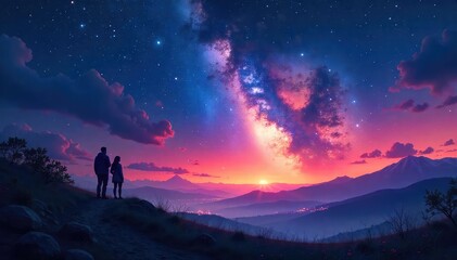 Wall Mural - Celestial twilight paints the canvas of night, stars emerging as constellations begin to shimmer and glow, a breathtaking cosmic dance between day and night , purple, nebula