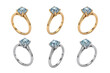 Six different views of a solitaire diamond ring in gold and silver settings, isolated on transparent background
