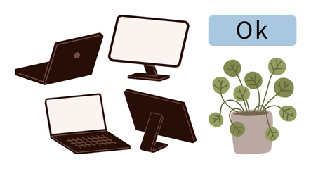 Poster - Laptops, monitors, potted plant, and approval label. Ideal for technology, multitasking, productivity, eco-friendly workspaces modern offices usability balance themes. A simple flat metaphor
