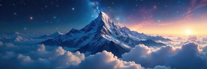 Wall Mural - A majestic mountain range piercing the clouds, resembling a colossal universe, stars twinkling in the night sky above , galaxy, space, valley