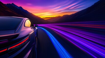 Poster - A sleek car races along a vibrant, neon-lit road under a stunning sunset sky.
