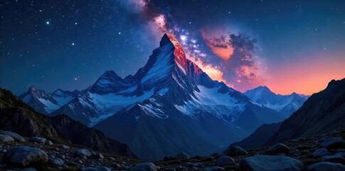 Wall Mural - Majestic mountain peaks pierce a breathtaking night sky, ablaze with the brilliance of countless stars and a luminous Milky Way An awe-inspiring celestial landscape , nebula, stargazing, wilderness