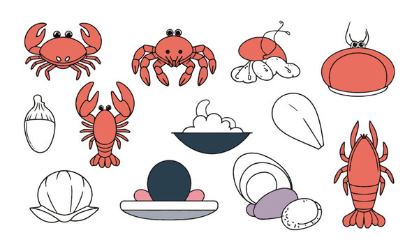 scalable vector illustration featuring a collection of stylized seafood elements, crab, shrimp, clams, lobster, mussels, conch, scallops, easily editable.