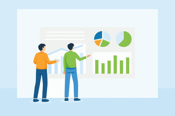 Poster - Two people analyzing financial charts and data on a presentation screen