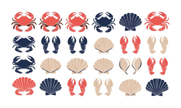 scalable vector illustration featuring a collection of stylized seafood elements, crab, shrimp, clams, lobster, mussels, conch, scallops, easily editable.