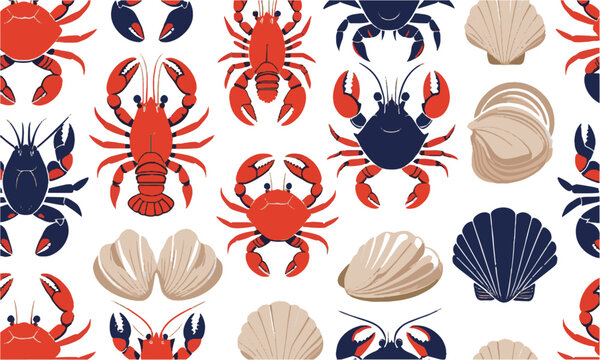 scalable vector illustration featuring a collection of stylized seafood elements, crab, shrimp, clams, lobster, mussels, conch, scallops, easily editable.