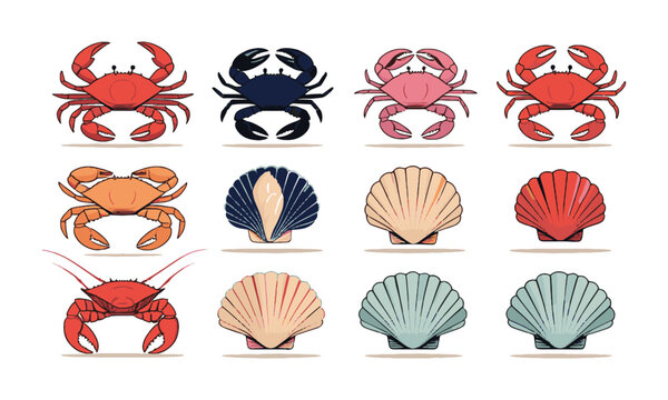 scalable vector illustration featuring a collection of stylized seafood elements, crab, shrimp, clams, lobster, mussels, conch, scallops, easily editable.