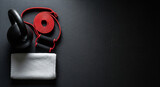 Dramatic Fitness Flat Lay on Textured Mat with Copy Space:
A top-down, dramatic shot of fitness gear on a dark, textured yoga mat, with ample copy space. A heavy black kettlebell,