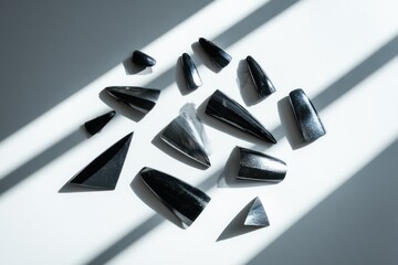 Poster - Abstract arrangement of dark geometric objects with highlights and shadows on white background