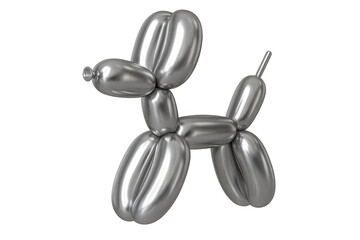 Poster - Metallic silver balloon dog floating weightlessly, representing playful celebration design against clean transparent backdrop