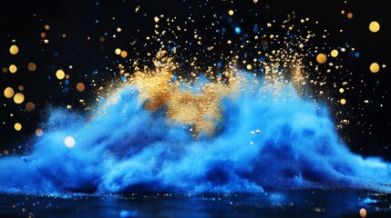 Poster - Abstract blue and gold powder explosion on black background.