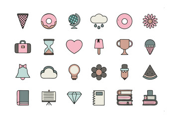 Leinwandbilder - Assorted Icons: A delightful array of vector icons, each exuding charm and versatility, ready to enhance any design project. From ice cream to a light bulb.