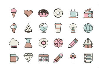 Leinwandbilder - Sweet Essentials: A charming assortment of whimsical hand-drawn illustrations showcases a collection of delightful treats and everyday objects. 