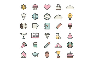 Leinwandbilder - Icons Set: A colorful array of icons arranged neatly, ranging from a shining sun and a sweet cupcake to a heartfelt heart and a stylish bag, all rendered with a charming, minimalistic line art style.