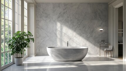 Poster - Sunlit modern bathroom with freestanding bathtub, marble walls, and large windows.
