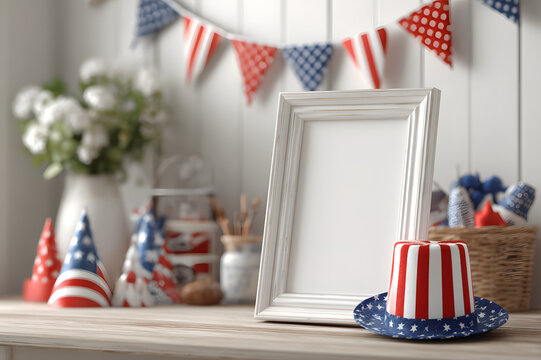 blank paper mock up, poster frame with 4th of july decorations: patriotic hat, mini flags, red white blue elements. empty space for text