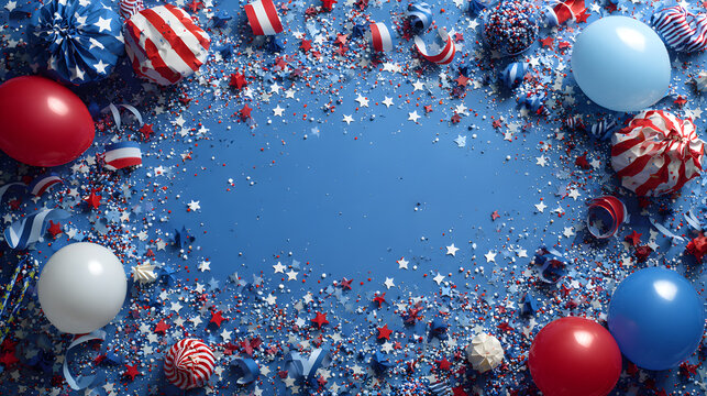 top view of 4th of july items border frame decoration: American flag color theme, confetti, balloons, stars and stripe ribbons, negative space at center.