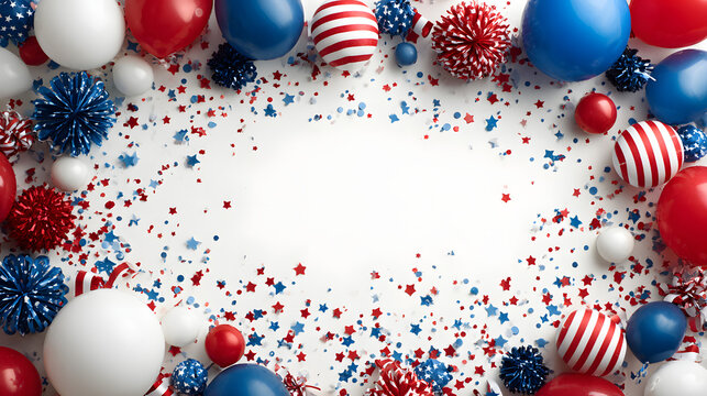 top view of 4th of july items border frame decoration: American flag color theme, confetti, balloons, stars and stripe ribbons, negative space at center.