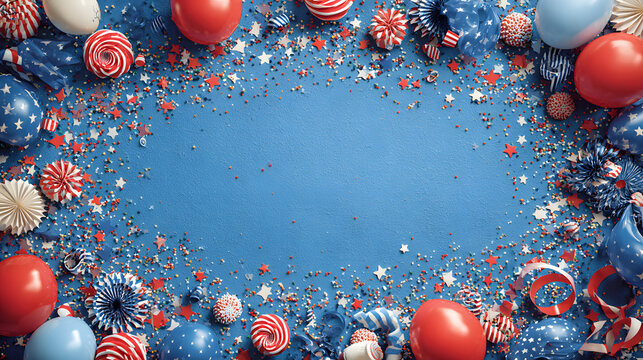 top view of 4th of july items border frame decoration: American flag color theme, confetti, balloons, stars and stripe ribbons, negative space at center.
