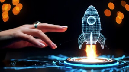 Poster - Close Up of a Blue Holographic Rocket Launching on a Black Background with Blurred Yellow Bokeh and a Person's Hand