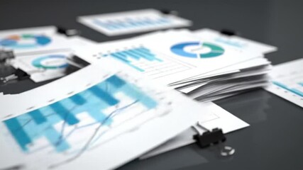 Poster - Detailed Stacks of Business Reports Featuring Blue Charts on a Gray Surface with Metal Binder Clips in Data Analysis