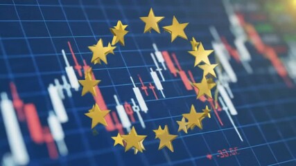 Poster - European Union Stars over Falling Stock Market Chart in Blue and Red Depicting Economic Challenges and Financial