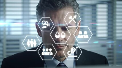 Poster - Focused Mature Businessman Analyzing Holographic Icons Displayed On Interface Against Office Window Background In Dark